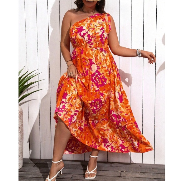 Plus Floral Print One Shoulder Cottagecore Maxi Dress - Picture 4 of 5